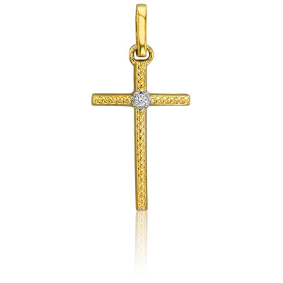 Pendentif Croix Diamant 1Ct - Or Jaune 14k, Rond, Monture Argent 925, Longueur 18 Pouces, Neuf Avec étiquettes