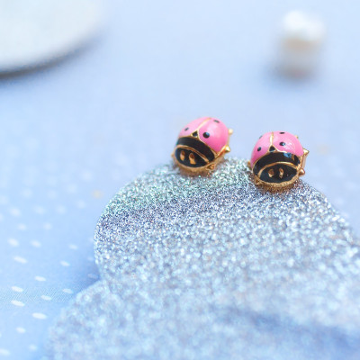 Boucles d'Oreilles Coccinelles Roses, Or Jaune - Bambins