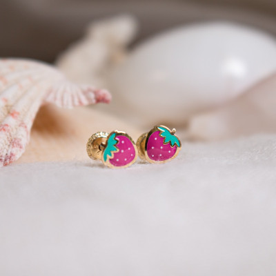 Boucles d'oreilles fraises roses, Or jaune et émail - Bambins