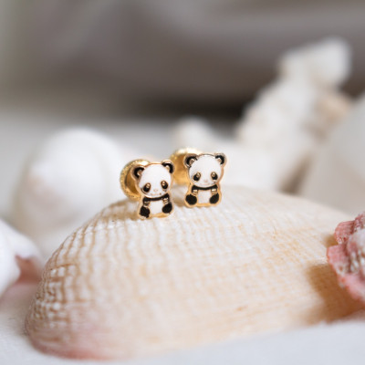 Boucles d'oreilles panda, Or jaune et émail - Bambins