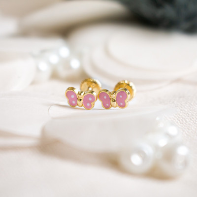 Boucles d'oreilles papillon rose, Or jaune et émail - Bambins