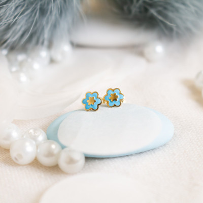 Boucles d'oreilles fleur bleue, Or jaune et émail - Bambins