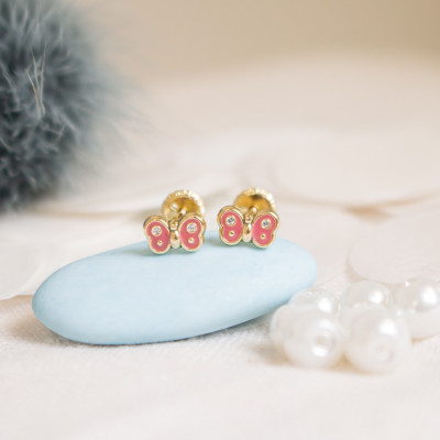 Boucles d'oreilles enfant papillon rose, Or jaune & zyrcon - Bambins