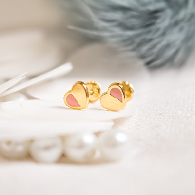 Boucles d'oreilles enfant coeur rose, Or jaune - Bambins