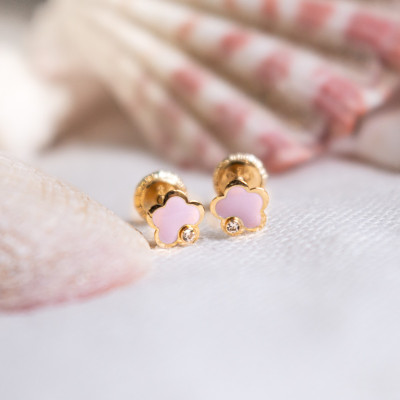 Boucles d'oreilles fleur & oxyde, Email rose & Or jaune - Bambins
