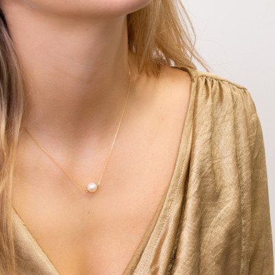 Collier Perle Blanche 8 mm , Or jaune - Emanessence