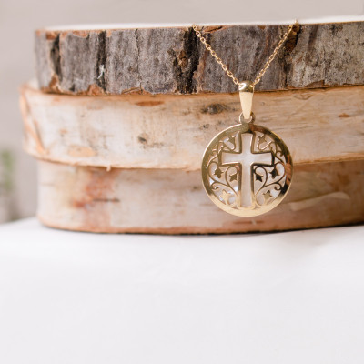 Médaille Croix Feuillage, Or jaune 750 & Nacre, 17mm - Rosatella