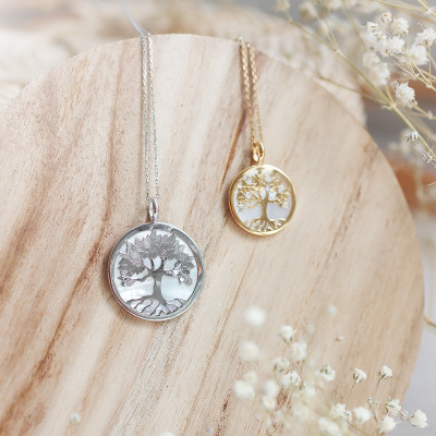 Médaille Arbre de Vie, Nacre & Or blanc 375, 17 & 23mm - Vandona