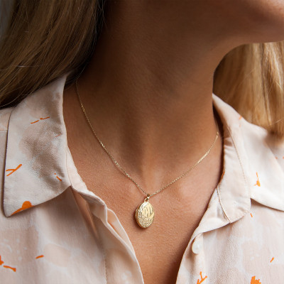 Pendentif photo ovale feuilles, Or jaune 375, 14x18mm - Emanessence