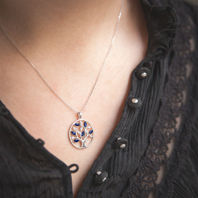 Pendentif Arbre de vie, Or blanc, Diamants & Saphirs, 20mm - Aurora