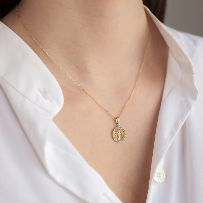 Pendentif Arbre de vie, Zircon & Or jaune, 13mm - Vandona