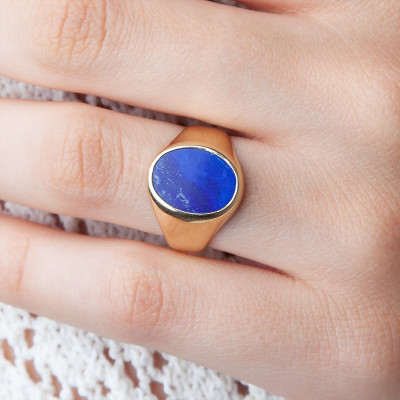 Chevalière Ovale Lapis Lazuli 11 x 14 mm, Or jaune 750 - Emanessence