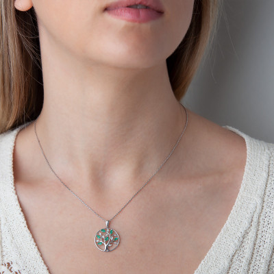 Pendentif Arbre de vie, Or blanc, Diamants & Emeraudes, 20mm - Aurora