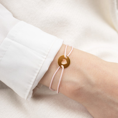 Bracelet Cordon Rose & Médaillon Coeur Ajouré, Or Jaune 375 - Bambins