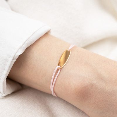 Bracelet Cordon Rose & Plaque Ovale, Or Jaune 375 - Bambins