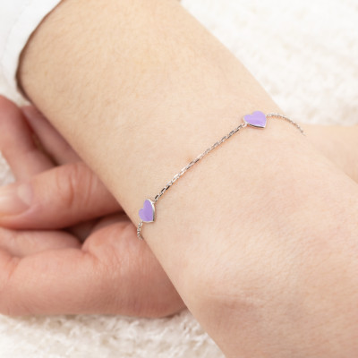 Bracelet Enfant Maille Forçat & Coeurs Violets Laqués, Argent 925 - Bambins