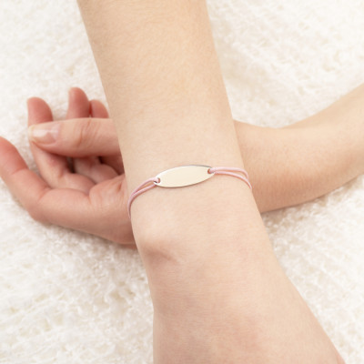 Bracelet Cordon Rose & Plaque Ovale, Argent 925, 12,5 cm - Bambins