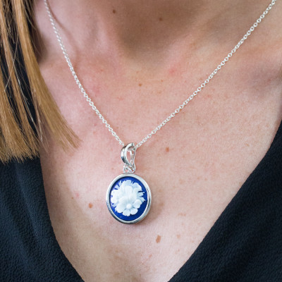 Pendentif Camée Rond Fleurs, Argent - Emanessence