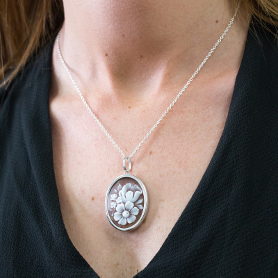Pendentif Camée Ovale Bouquet de Fleurs, Argent 925 - Emanessence