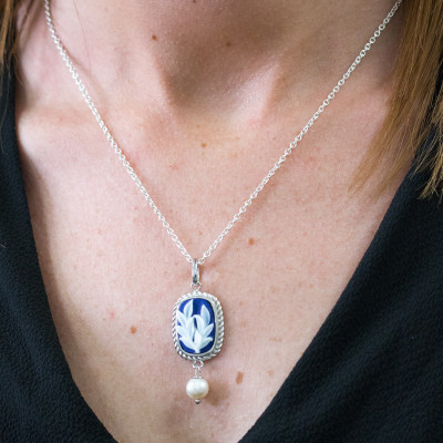 Pendentif Camée Bleu Fleur & Perle, Argent 925 - Emanessence