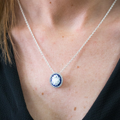 Pendentif Camée Ovale Bleu Fleuri, Argent 925 - Emanessence