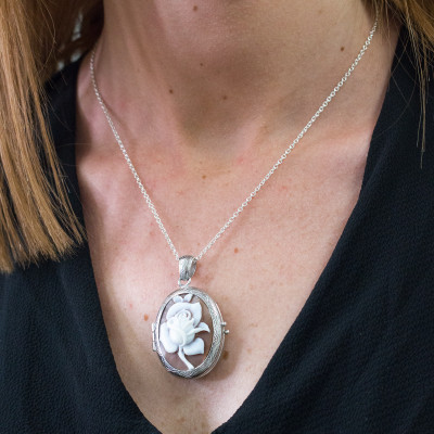 Pendentif Camée Photo & Fleurs, Argent 925, 31x48mm - Emanessence