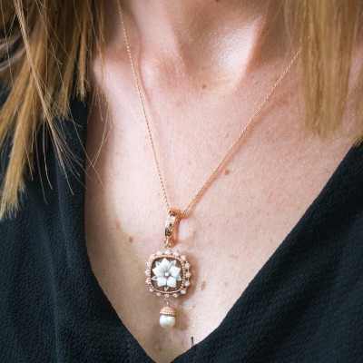 Pendentif Camée Fleur et Perles, Argent Rose Doré - Emanessence