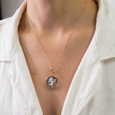 Pendentif Camée Ovale Ange & Coeur, Argent Rose Doré - Emanessence
