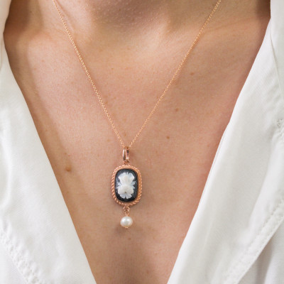 Pendentif Camée Noir Fleur et Perle, Argent Rose Doré - Emanessence