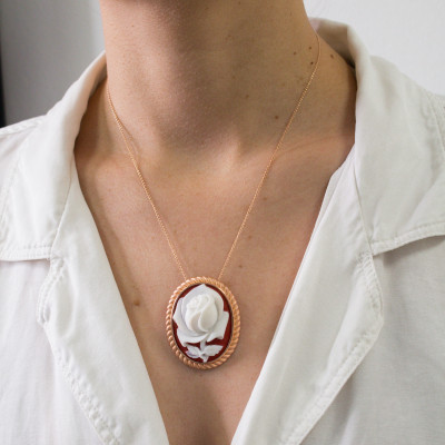 Broche Camée Ovale Fleuri, Argent Rose Doré - Emanessence