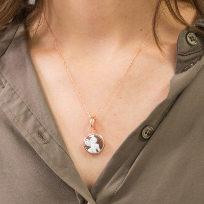 Pendentif Camée Rond Fée, Argent Rose Doré - Emanessence