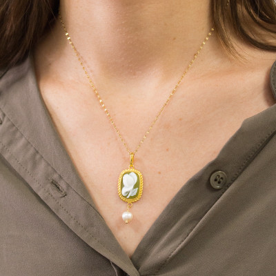 Pendentif Camée Vert Fleur & Perle, Argent Doré - Emanessence