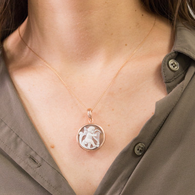 Pendentif Camée Rond Ange à la Harpe, Argent Doré - Emanessence