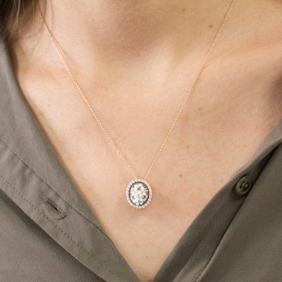Pendentif Camée Ovale Fleuri & Pierres, Argent Rose Doré - Emanessence