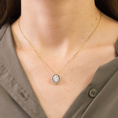 Pendentif Camée Ovale Fleuri et Pierres, Argent Doré - Emanessence