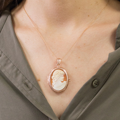 Pendentif Photo Camée & Femme de Profil, Argent Doré Rose, 30x13mm - Emanessence