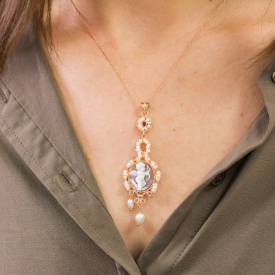 Pendentif Camée Cupidon & Perles Blanches, Argent Rose - Emanessence
