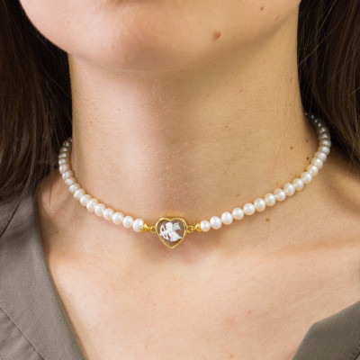 Collier de Perles Camée Cupidon, Argent Doré - Emanessence