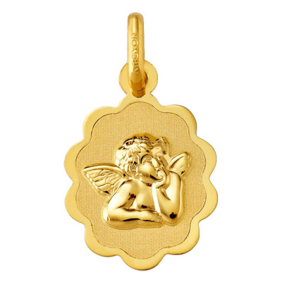 Médaille Ange Raphaël Bords Fleuris, Or jaune 750, 13x15mm - Argyor