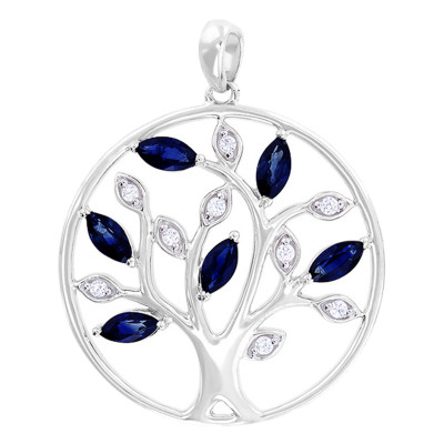 Pendentif Arbre de vie, Or blanc, Diamants & Saphirs, 20mm - Aurora