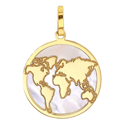 Médaille Carte du monde, Or jaune 750 & Nacre, 18mm - Rosatella