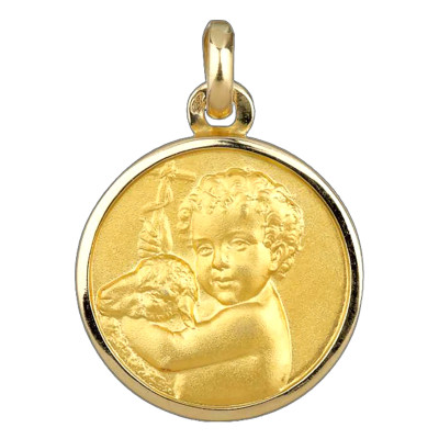 Médaille Ange Enfant & Agneau, Or jaune 750, 17mm - Emanessence