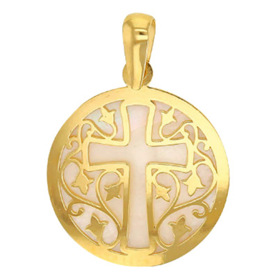Médaille Croix Feuillage, Or jaune 750 & Nacre, 17mm - Rosatella