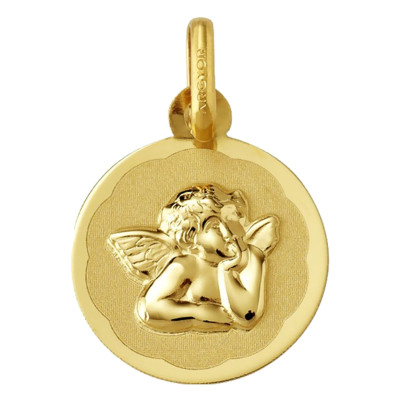 Médaille Ronde Ange Raphaël Motif Fleuri, Or jaune 750, 13mm - Argyor