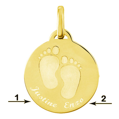 Médaille personnalisée petits pieds, Or jaune, 22mm - Lumiosa