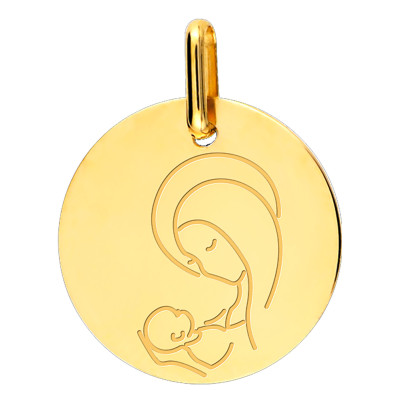 Médaille Vierge à l'enfant stylisée, Or jaune 375, 15mm - Lucas Lucor