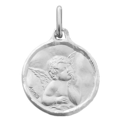 Médaille Ange Raphaël, bord cachet, Or blanc 750, 16mm - Augis
