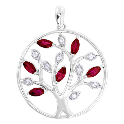 Pendentif Arbre de vie Or blanc, Diamants & Rubis, 20mm - Aurora