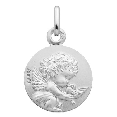 Médaille Ange à la Colombe, Or blanc 750, 14mm - Augis