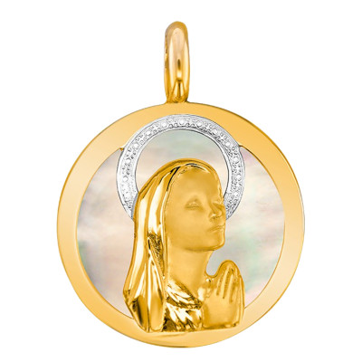 Médaille Vierge En prière, 2 Ors 375 et Nacre - Vandona
